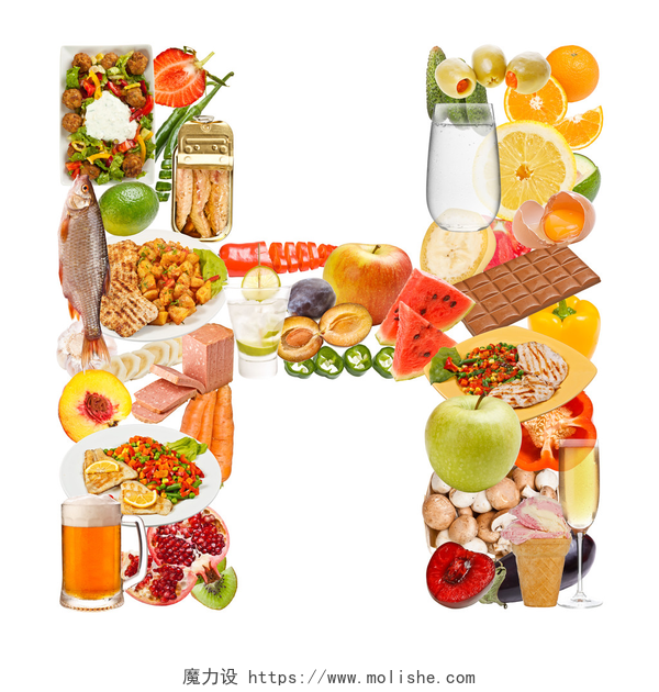 白色背景下由丰富食物组成的卡通字母G字母 h 做的食物
